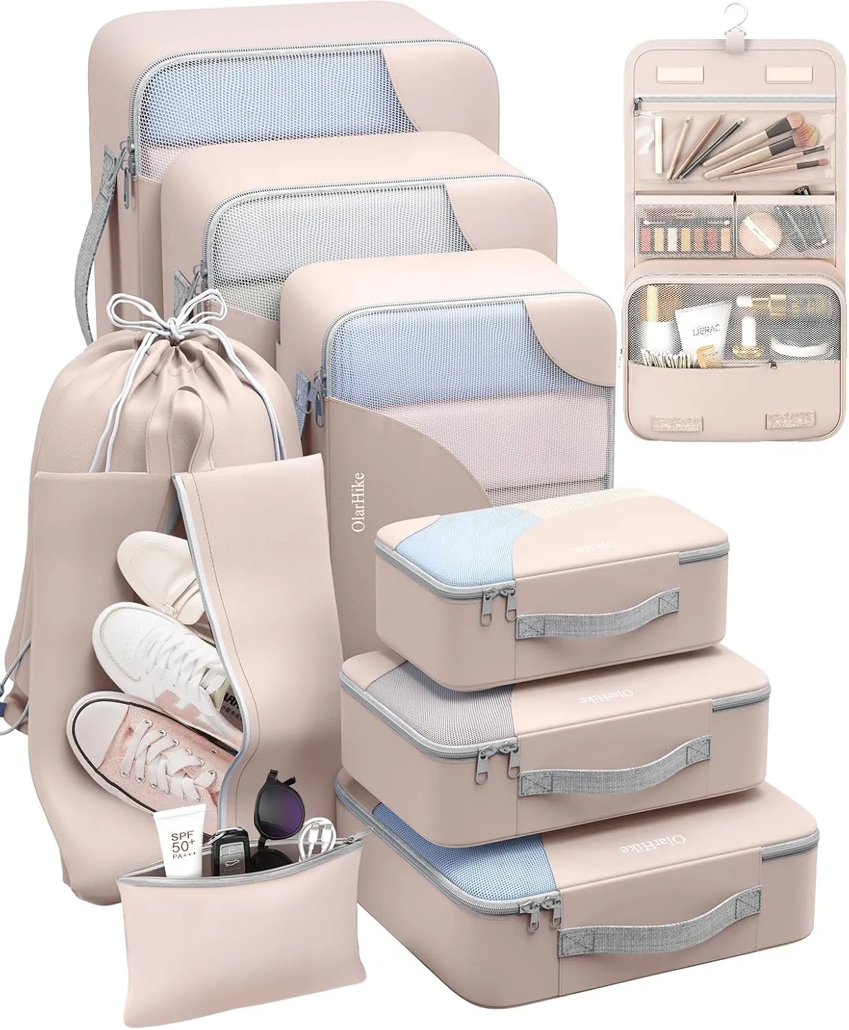 10 Set/8 Set Packing Cubes for Travel, Gifts for Women Mom,Anti-Tearing Suitcase Organizer for Luggage with Shoe & Hanging Toiletry Bag,OlarHike Vacation Essentials & Accessories for Cruise Ship,Beige