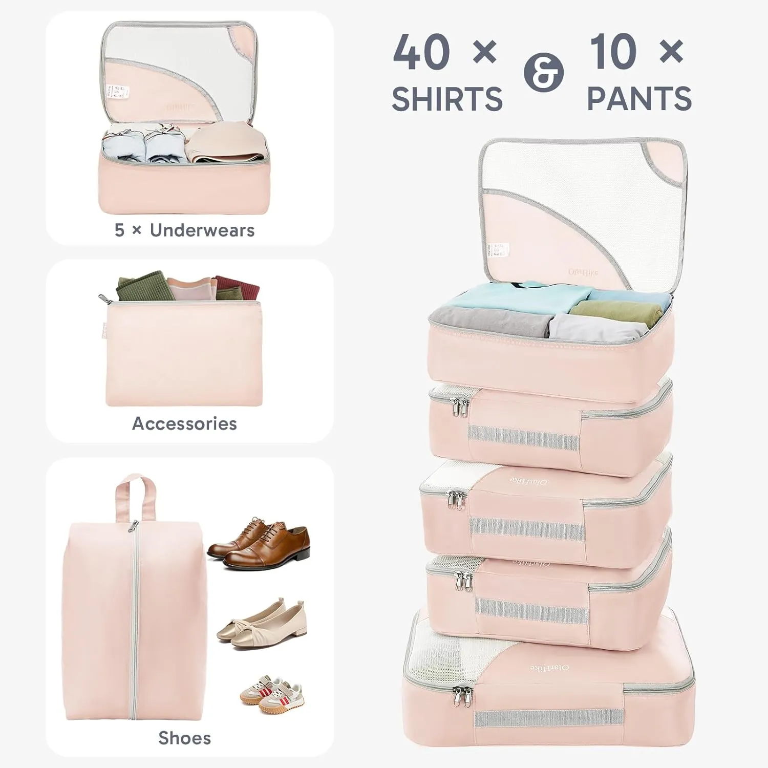 10 Set/8 Set Packing Cubes for Travel, Gifts for Women Mom,Anti-Tearing Suitcase Organizer for Luggage with Shoe & Hanging Toiletry Bag,OlarHike Vacation Essentials & Accessories for Cruise Ship,Beige