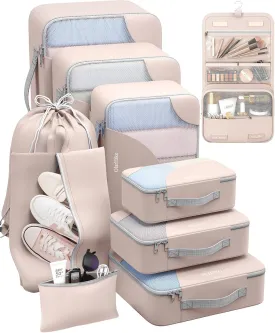 10 Set/8 Set Packing Cubes for Travel, Gifts for Women Mom,Anti-Tearing Suitcase Organizer for Luggage with Shoe & Hanging Toiletry Bag,OlarHike Vacation Essentials & Accessories for Cruise Ship,Beige
