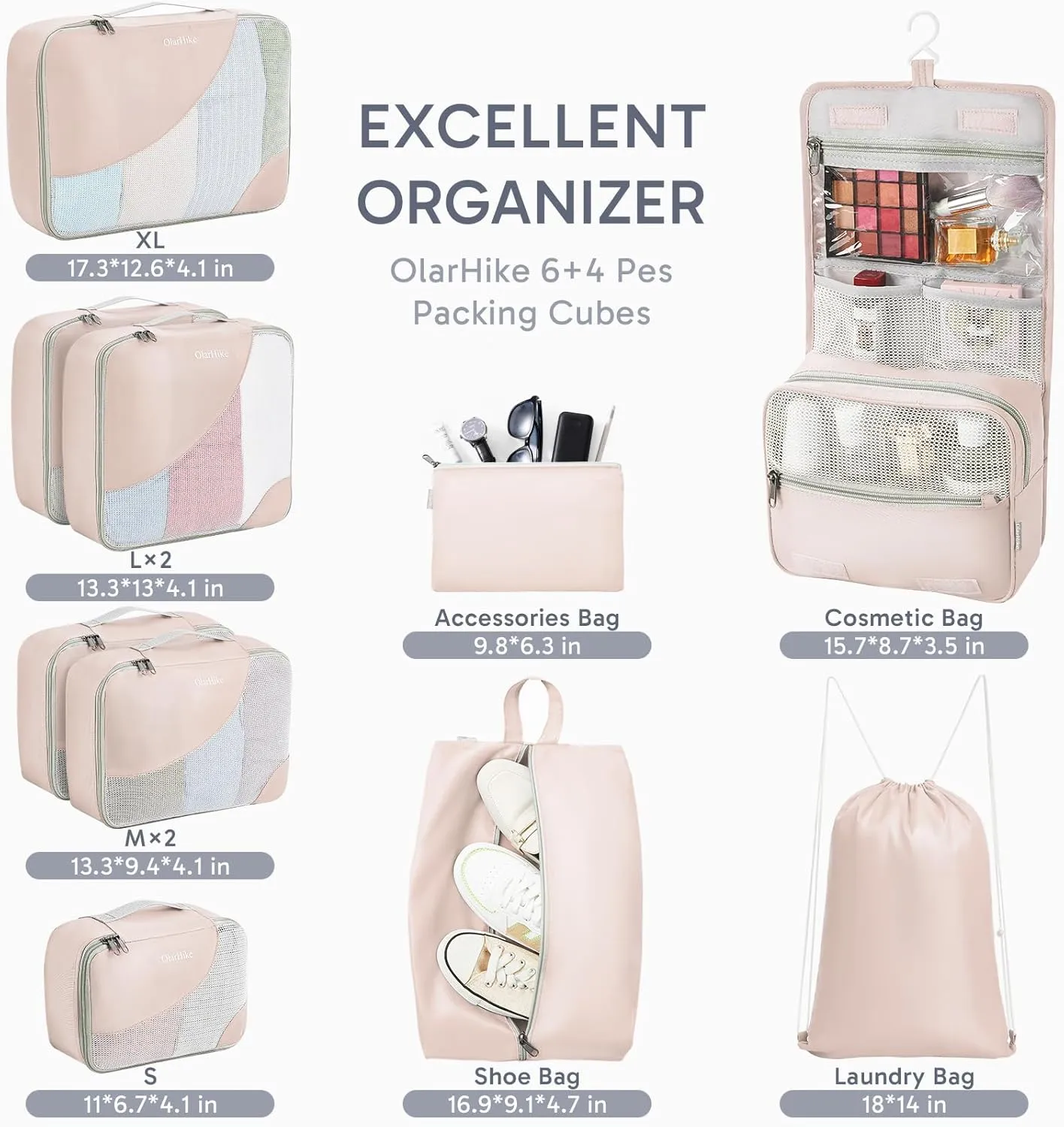 10 Set/8 Set Packing Cubes for Travel, Gifts for Women Mom,Anti-Tearing Suitcase Organizer for Luggage with Shoe & Hanging Toiletry Bag,OlarHike Vacation Essentials & Accessories for Cruise Ship,Beige