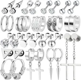17 Pairs Earrings for Men, Stainless Steel Earrings For Men Sensitive Skin, Fashion Earring Piercing Jewelry Cross Dangle Hoop Earrings Kit Studs Long-lasting Shine