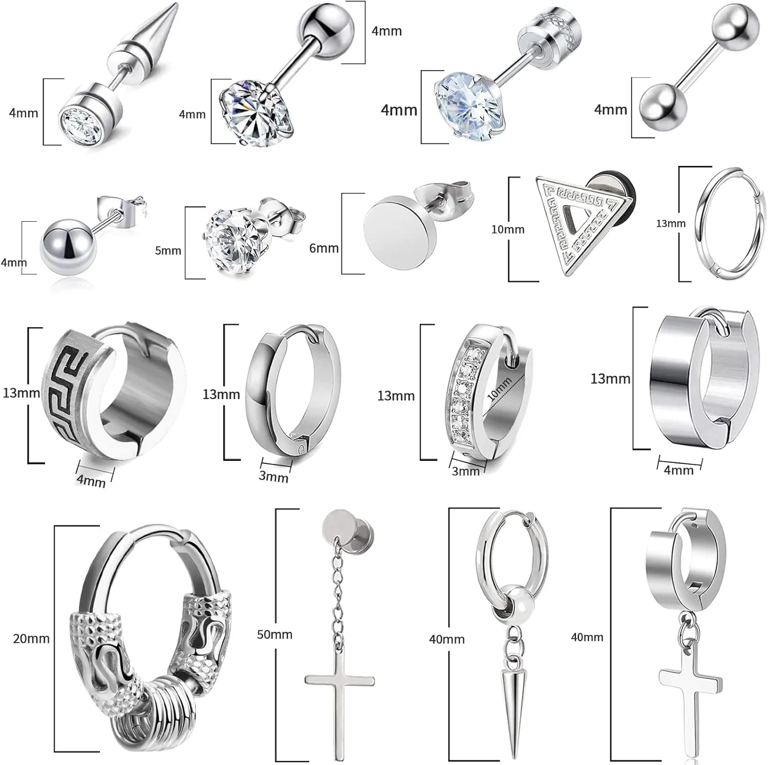 17 Pairs Earrings for Men, Stainless Steel Earrings For Men Sensitive Skin, Fashion Earring Piercing Jewelry Cross Dangle Hoop Earrings Kit Studs Long-lasting Shine