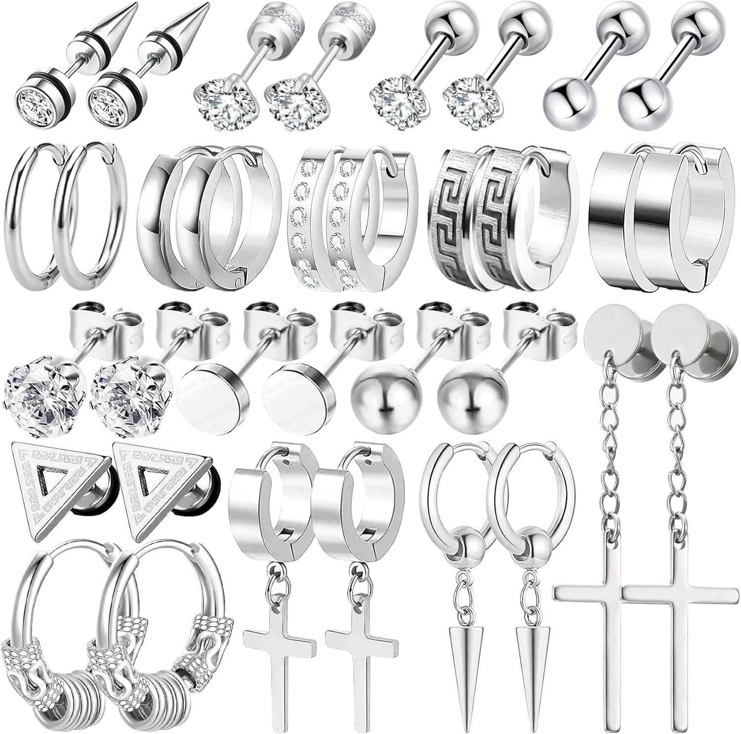 17 Pairs Earrings for Men, Stainless Steel Earrings For Men Sensitive Skin, Fashion Earring Piercing Jewelry Cross Dangle Hoop Earrings Kit Studs Long-lasting Shine