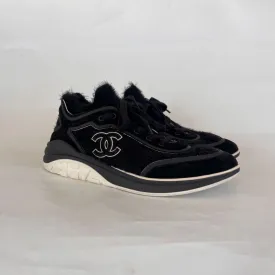 Chanel Black Tweed and Suede CC Lace-Up Fuzzy Sneakers