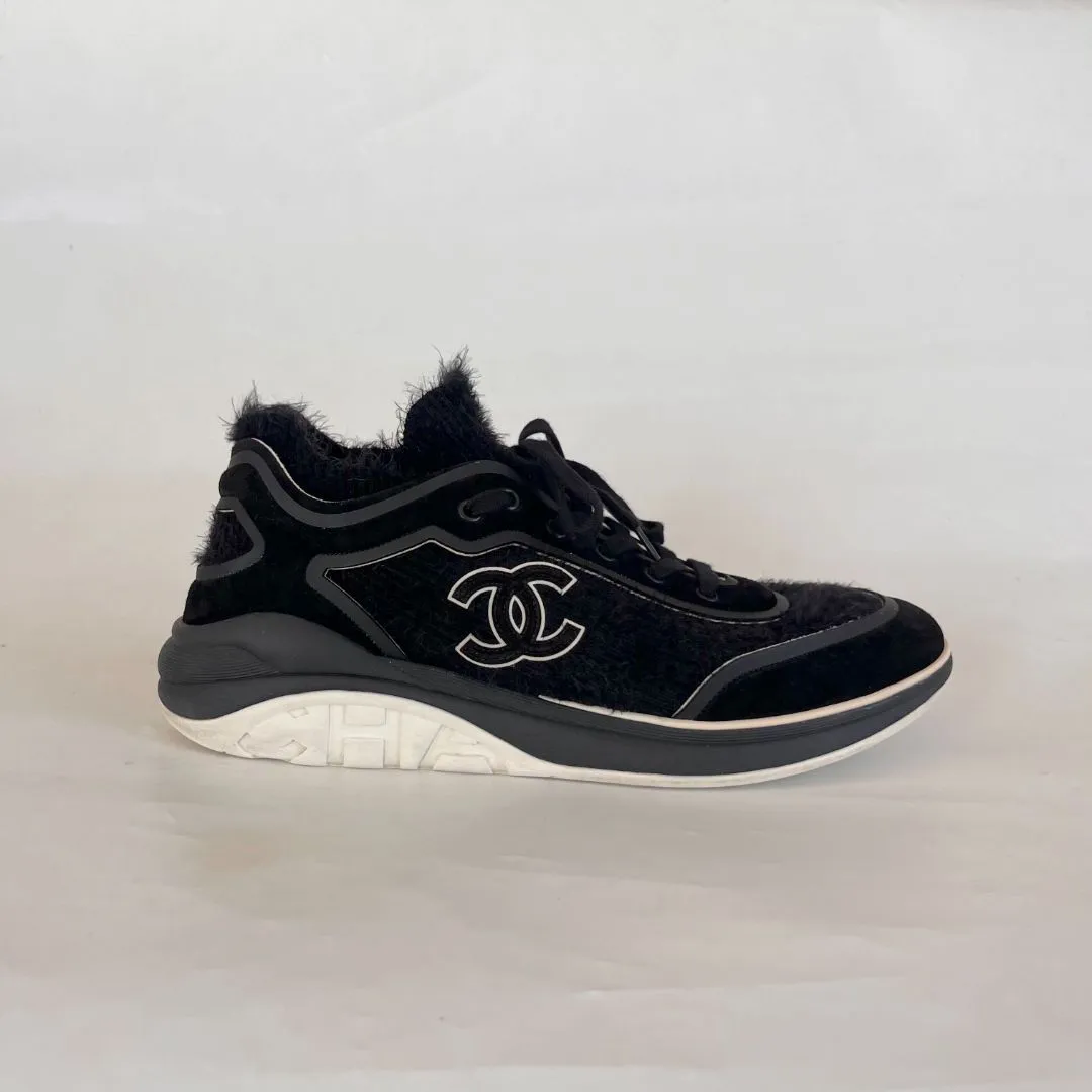 Chanel Black Tweed and Suede CC Lace-Up Fuzzy Sneakers