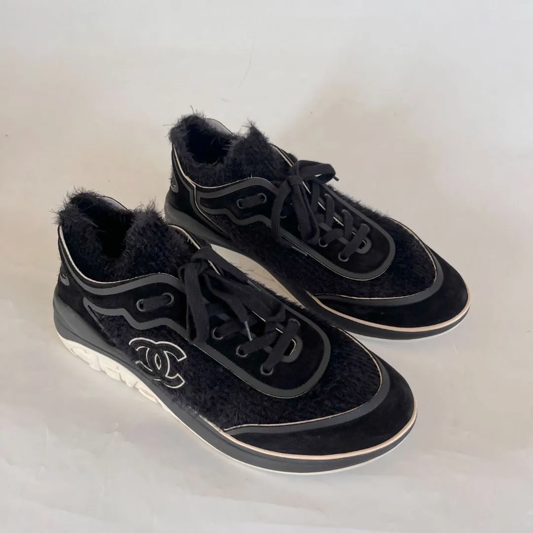 Chanel Black Tweed and Suede CC Lace-Up Fuzzy Sneakers