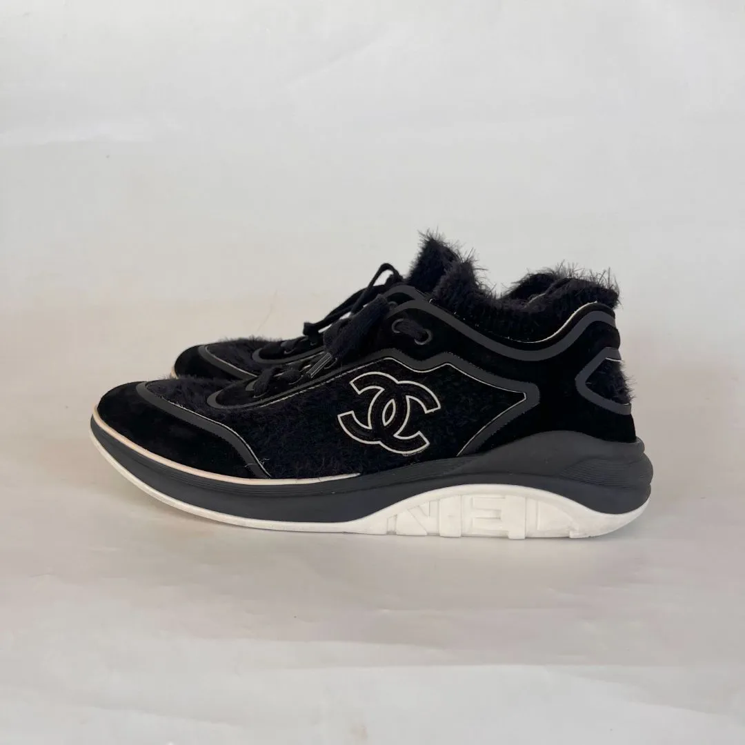 Chanel Black Tweed and Suede CC Lace-Up Fuzzy Sneakers