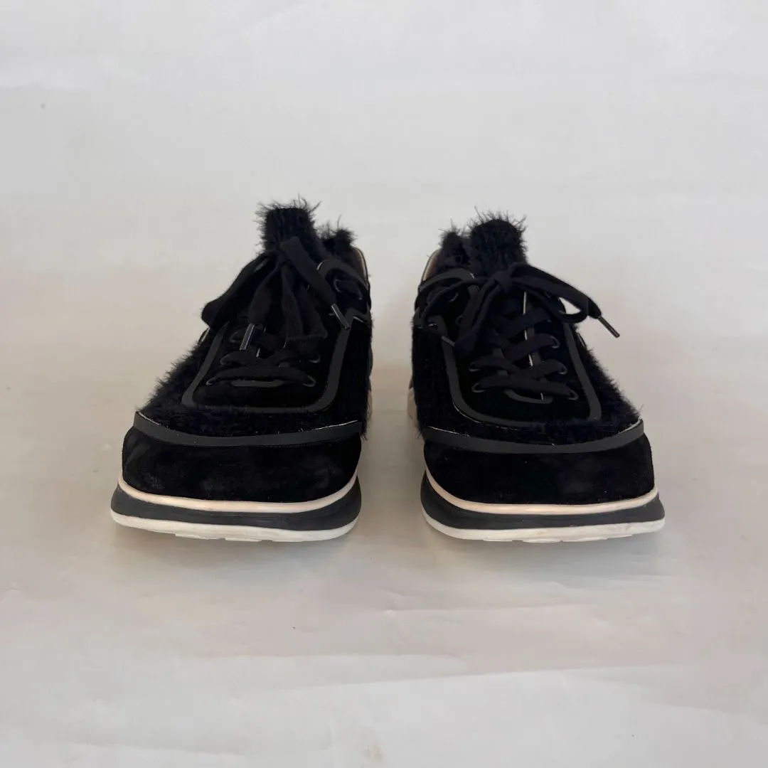 Chanel Black Tweed and Suede CC Lace-Up Fuzzy Sneakers