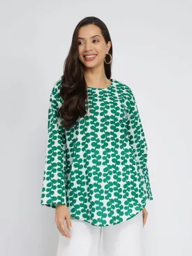 Cotton Floral Relaxed Top - Green & White