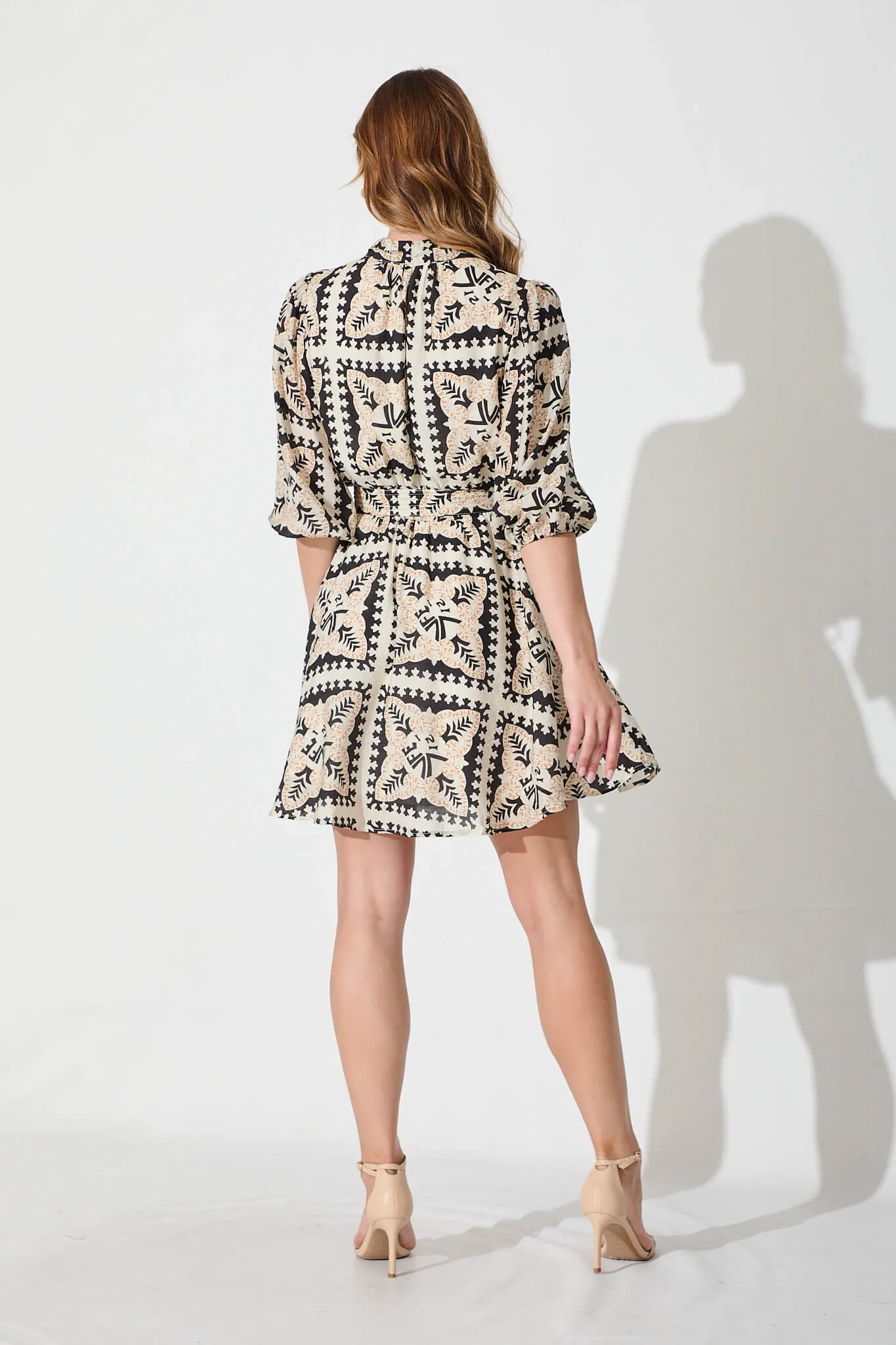 Elysia Dress In Beige With Black Tile