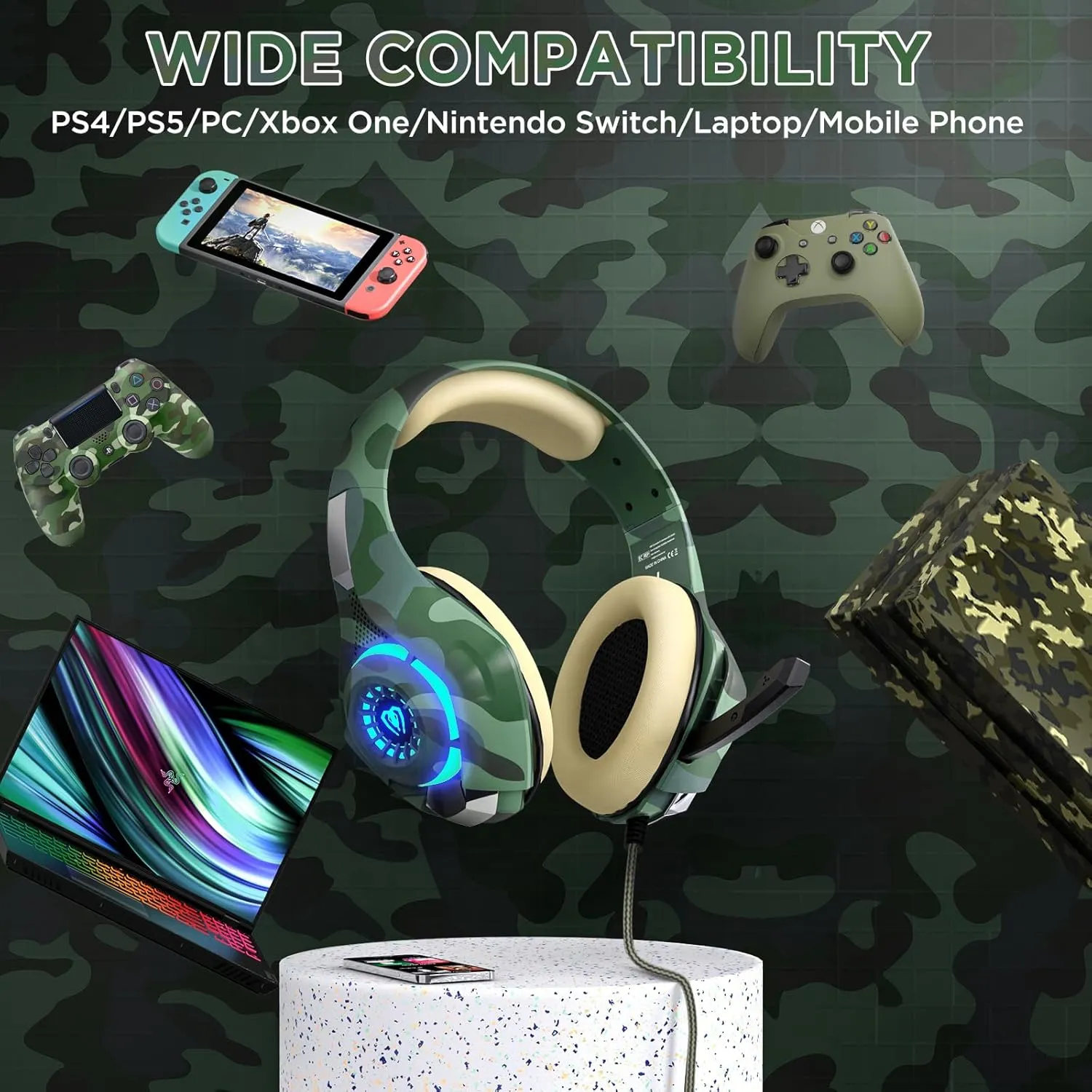 Gaming Headset for PS4 PS5 Xbox One, PS4 Headset with 3D Surround Sound and Noise Isolating Mic