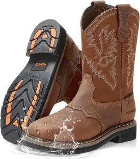 HISEA NINGO Men's Western Cowboy Boots Waterproof Square Toe Steel/Soft Toe Work Boots Comfortable Men's Slip On Pull On Safety Toe Leather Work Shoes for Construction Farming Industrial Welding