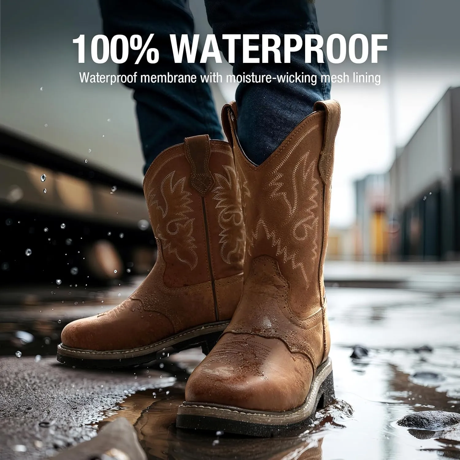 HISEA NINGO Men's Western Cowboy Boots Waterproof Square Toe Steel/Soft Toe Work Boots Comfortable Men's Slip On Pull On Safety Toe Leather Work Shoes for Construction Farming Industrial Welding