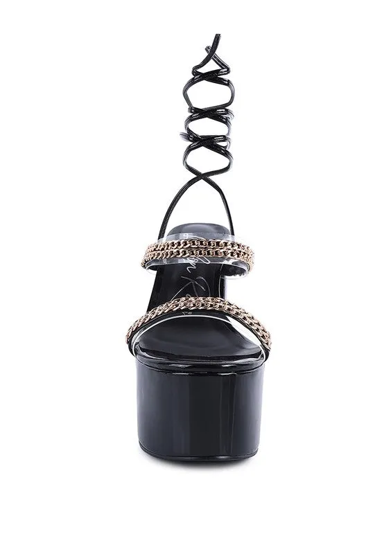 Indulgence Metal Chain Lace up Leg Platform Sandals