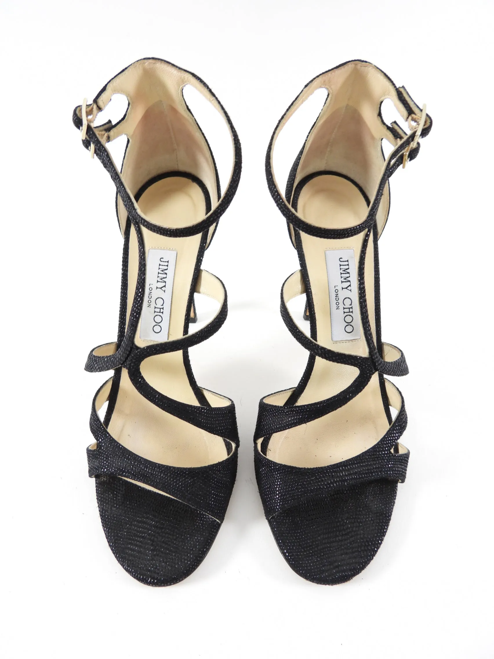 Jimmy Choo Black Grained Strappy Sandals - 38.5