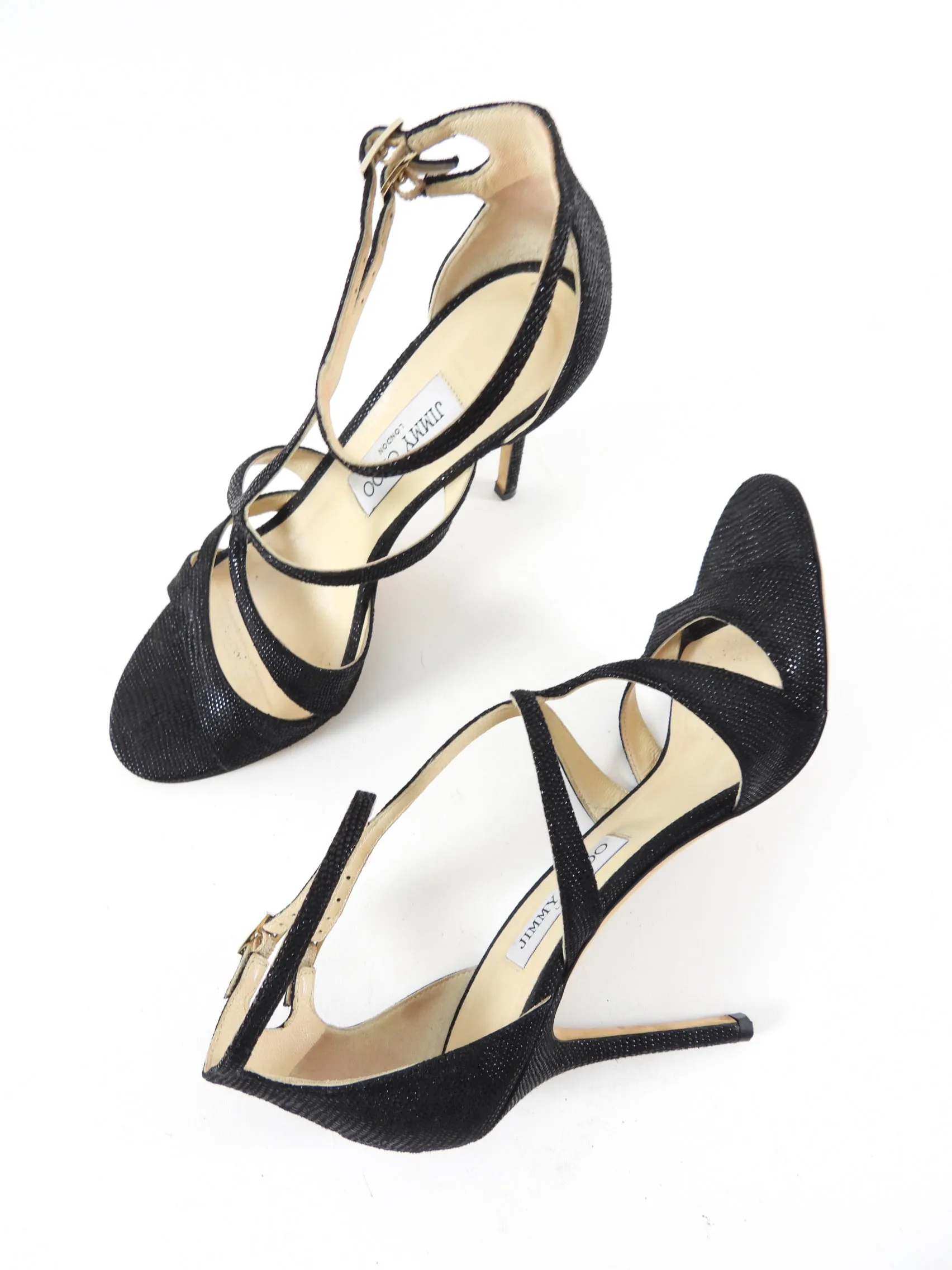Jimmy Choo Black Grained Strappy Sandals - 38.5