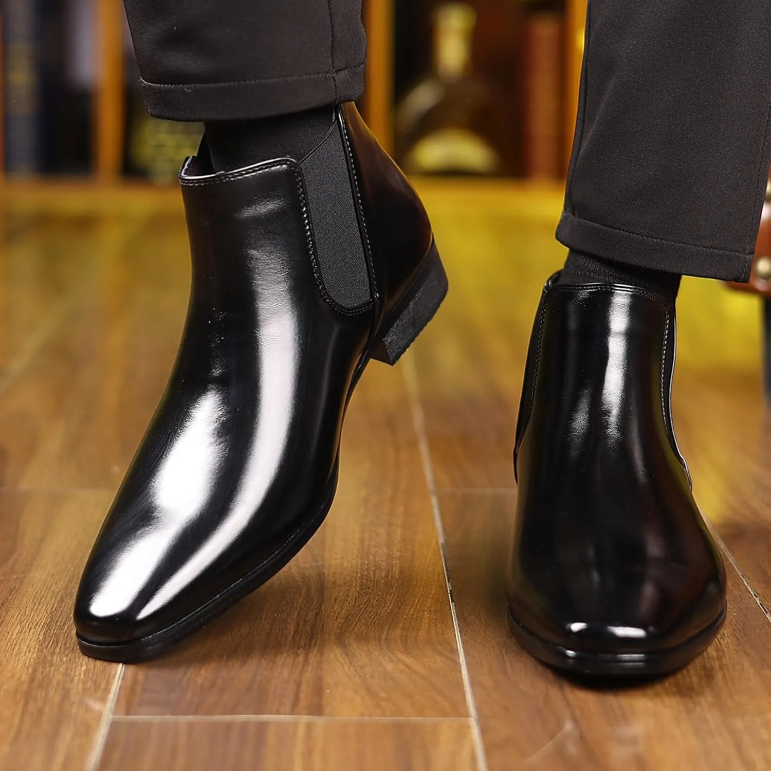 Men's Square Toe Leather Chelsea Boots British Retro Design Slip On Elastic Ankle Boots Slip Resistant Cushion Comfort Dress Boots for Business Casual Work