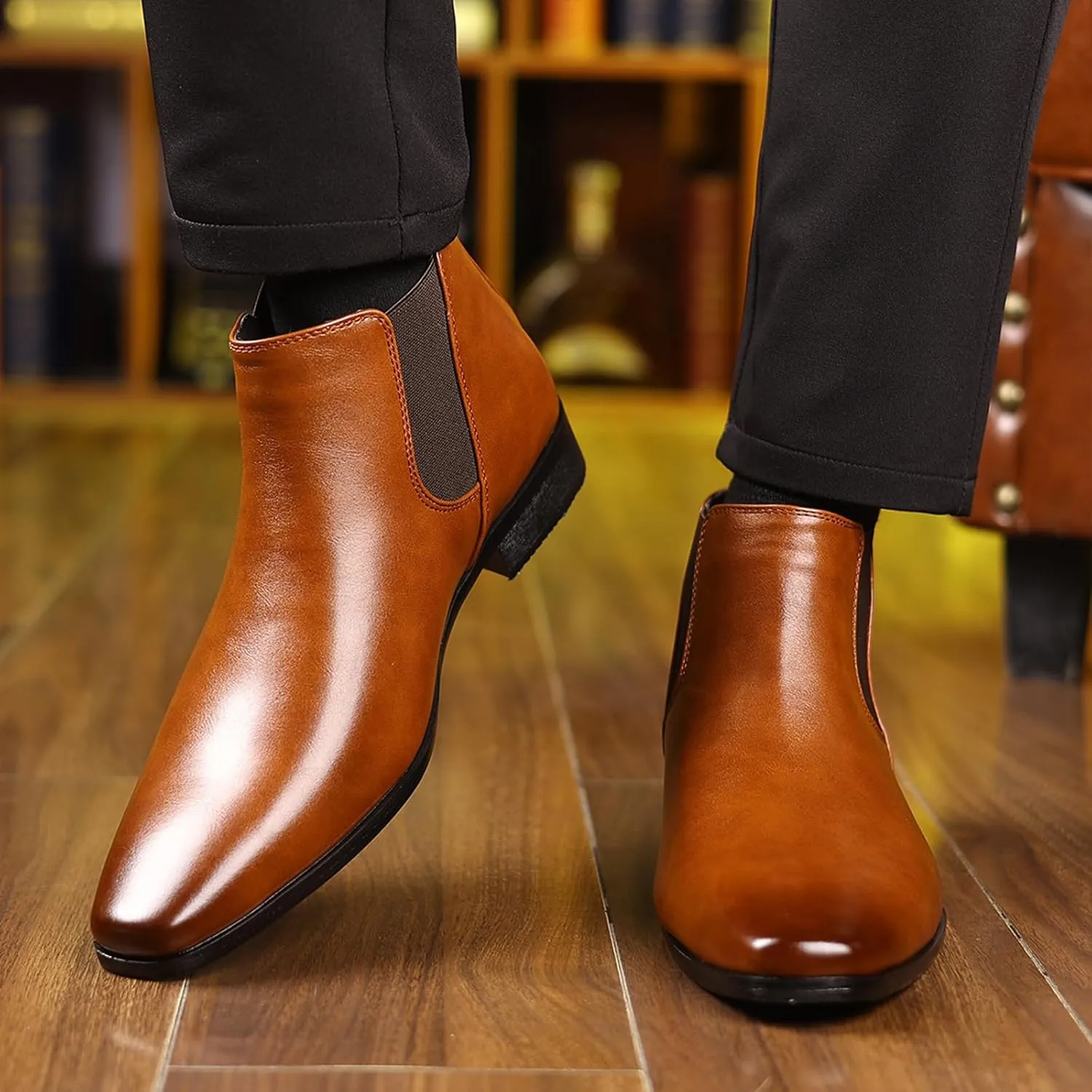 Men's Square Toe Leather Chelsea Boots British Retro Design Slip On Elastic Ankle Boots Slip Resistant Cushion Comfort Dress Boots for Business Casual Work