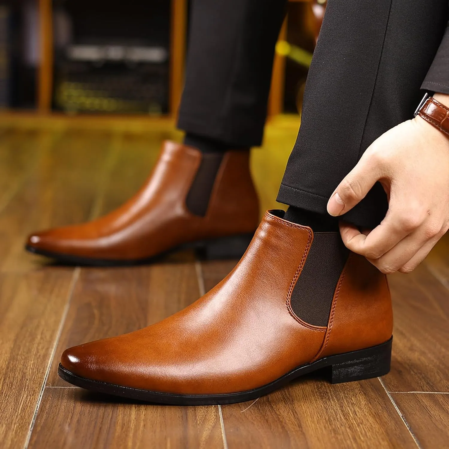 Men's Square Toe Leather Chelsea Boots British Retro Design Slip On Elastic Ankle Boots Slip Resistant Cushion Comfort Dress Boots for Business Casual Work