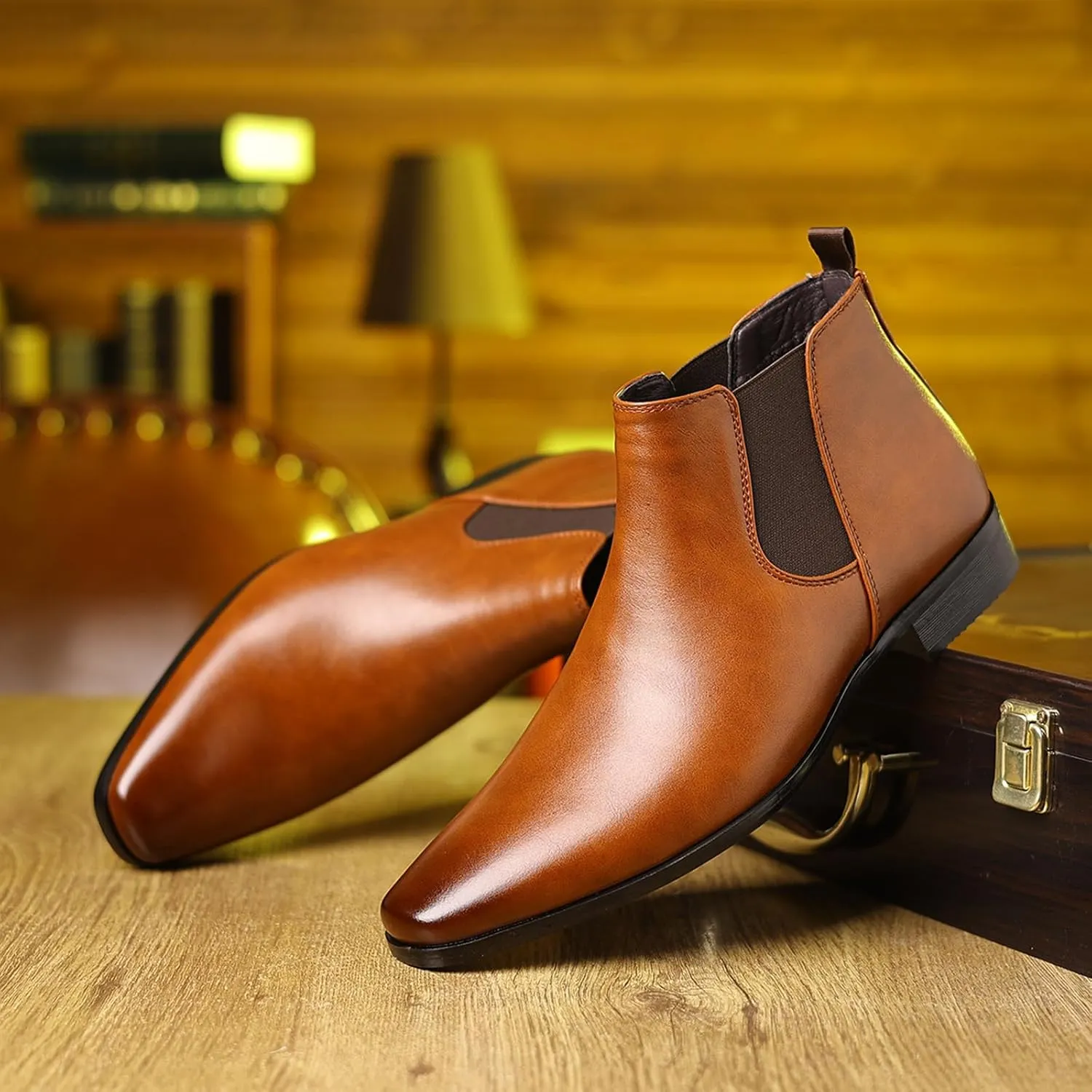 Men's Square Toe Leather Chelsea Boots British Retro Design Slip On Elastic Ankle Boots Slip Resistant Cushion Comfort Dress Boots for Business Casual Work