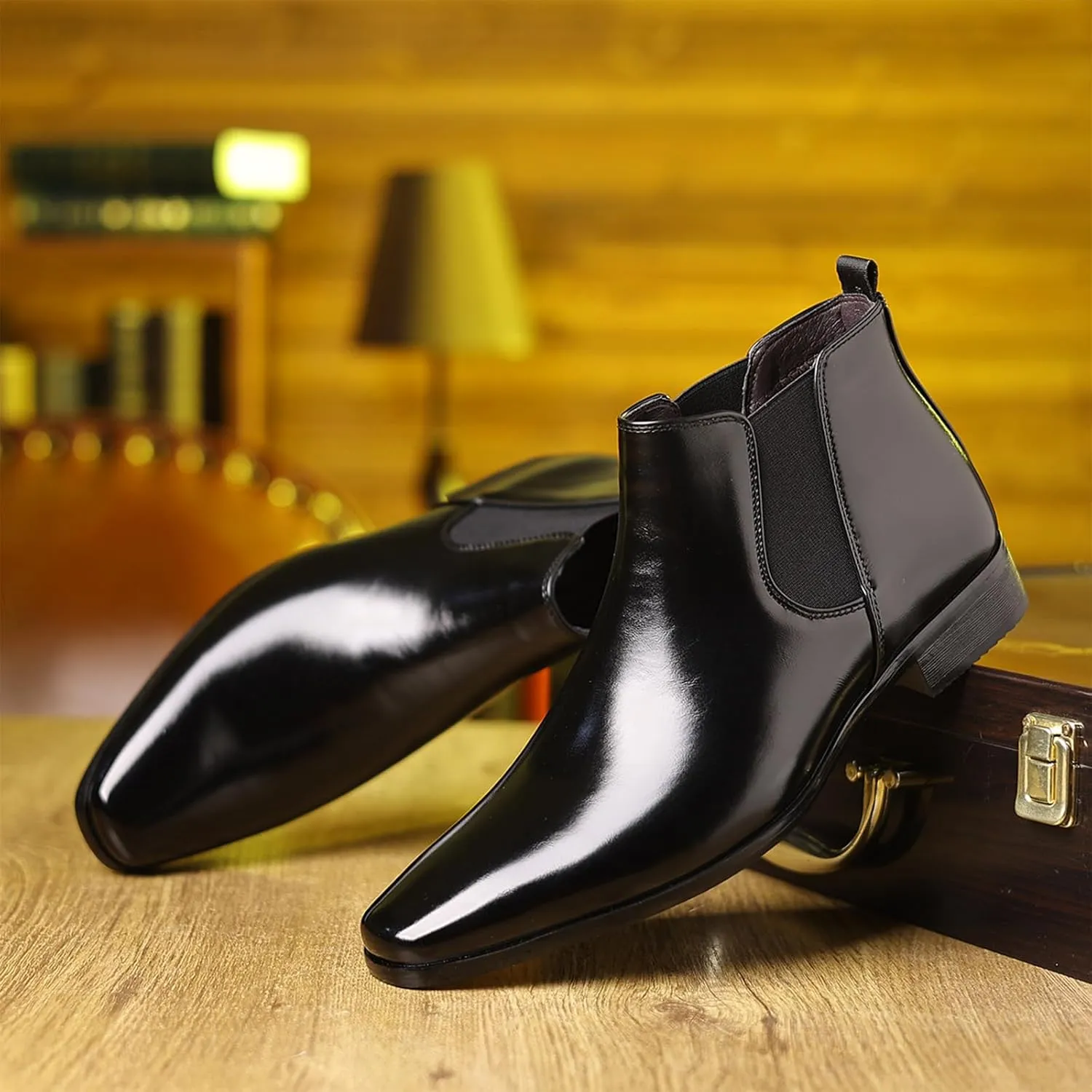Men's Square Toe Leather Chelsea Boots British Retro Design Slip On Elastic Ankle Boots Slip Resistant Cushion Comfort Dress Boots for Business Casual Work