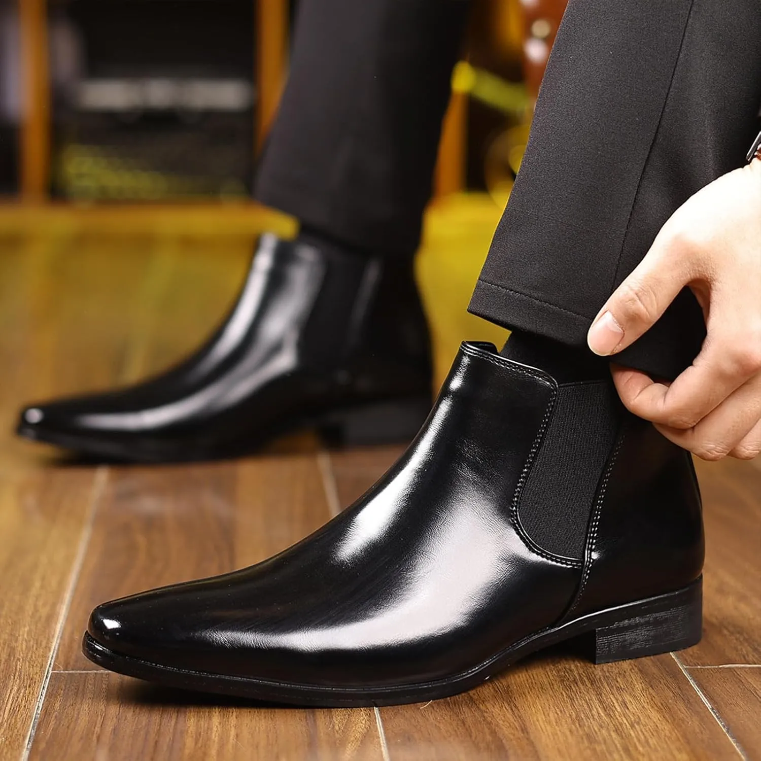 Men's Square Toe Leather Chelsea Boots British Retro Design Slip On Elastic Ankle Boots Slip Resistant Cushion Comfort Dress Boots for Business Casual Work