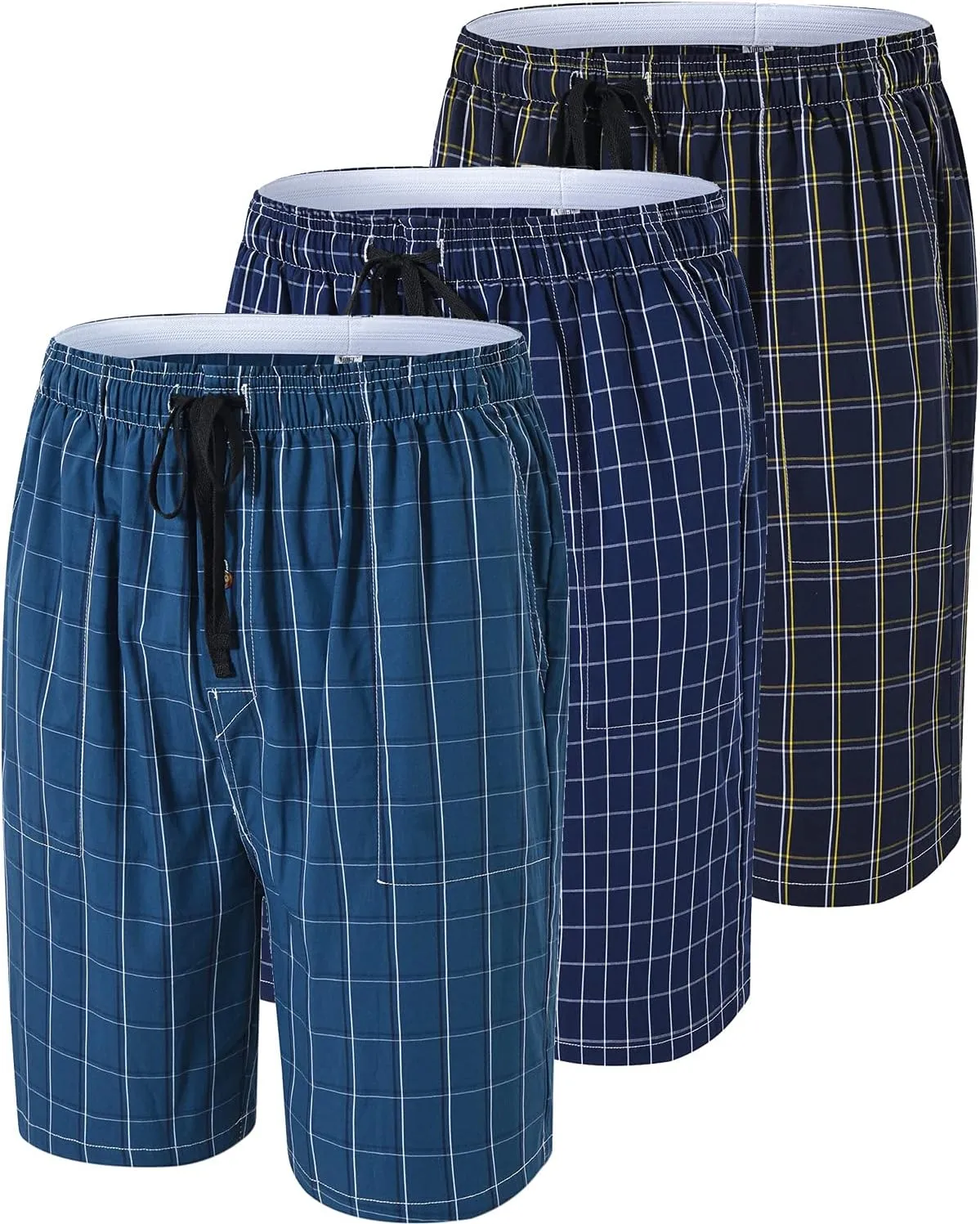 MoFiz Men's Plaid Pajama Shorts 3-Pack Cotton Sleep Lounge Shorts Lightweight Soft Summer Nightwear with Pockets Button Fly