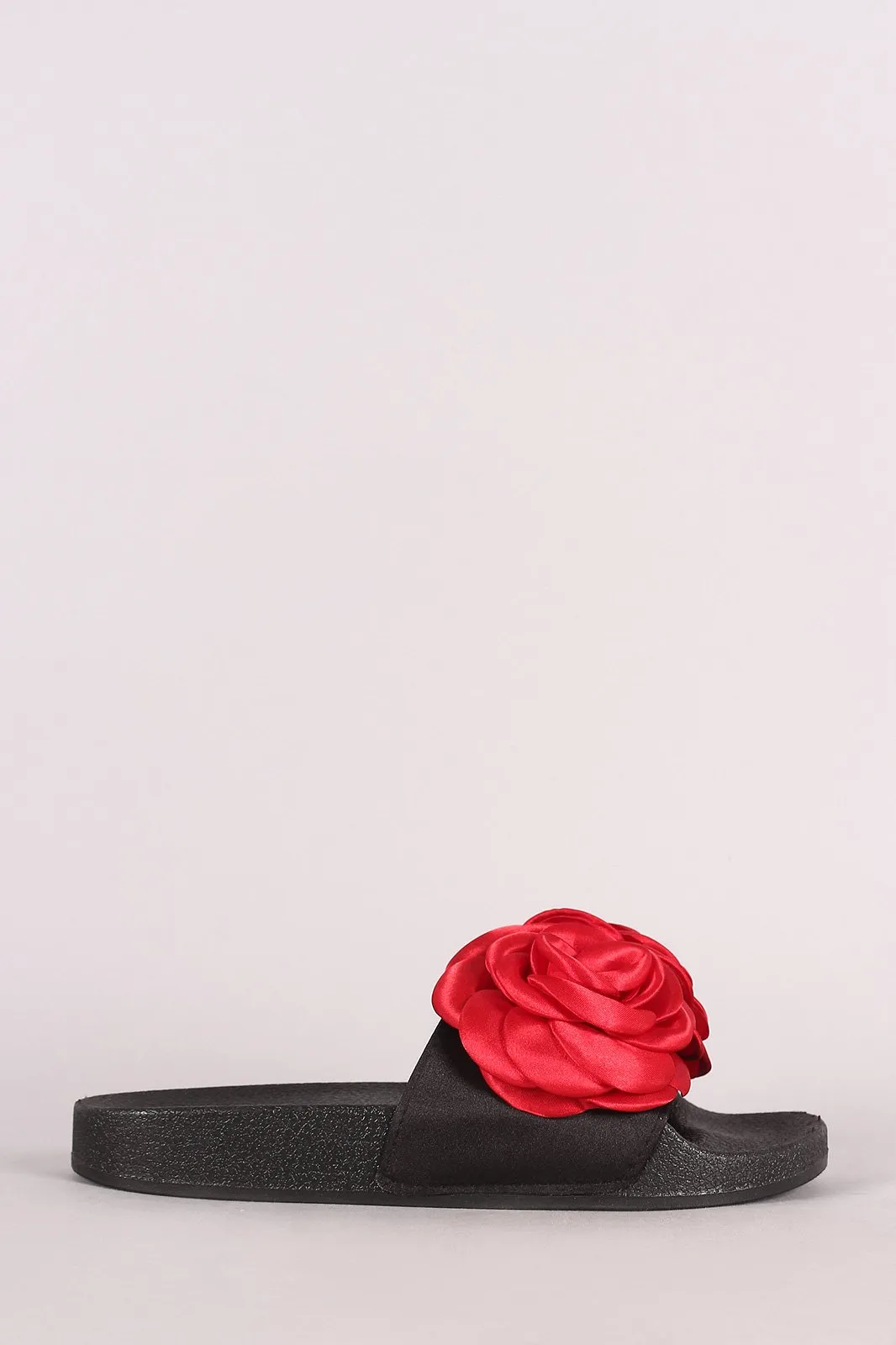 Qupid Satin Rosette Applique Slide Sandal