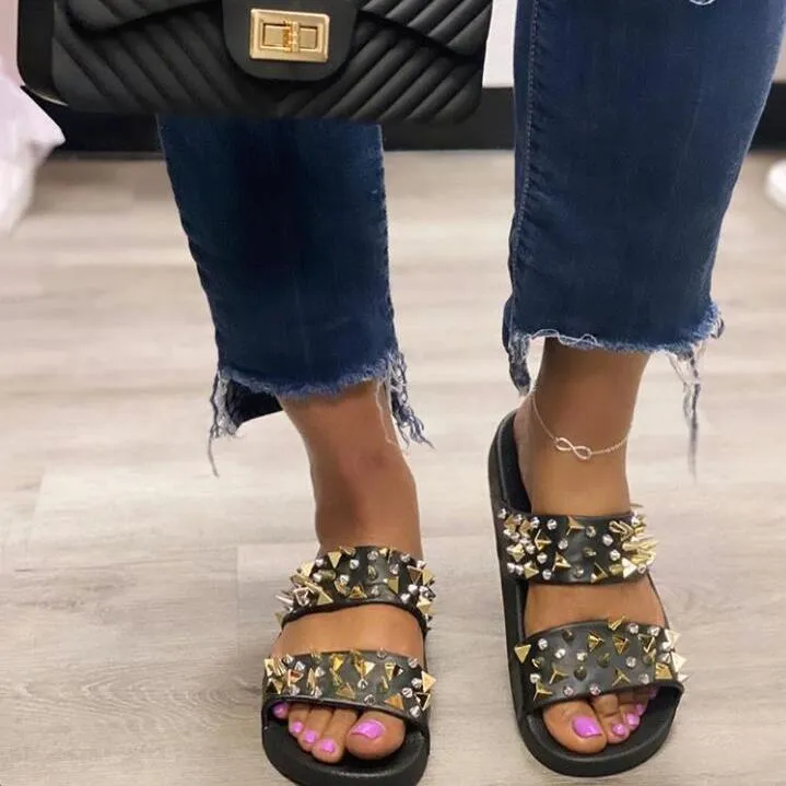 Women's studded 2 bands flat slide sandals